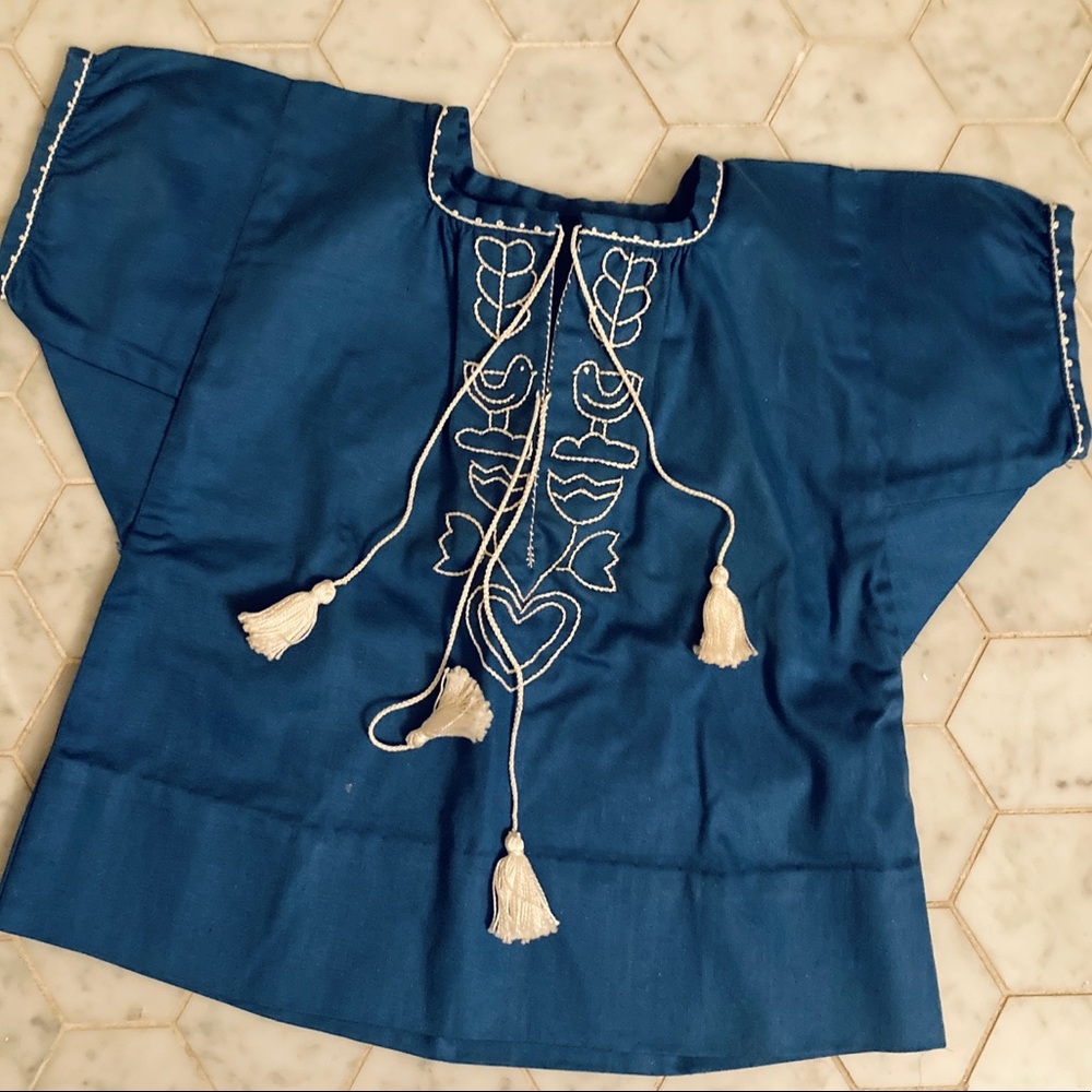 Vintage boho blue bird embroidered blouse 2-4T